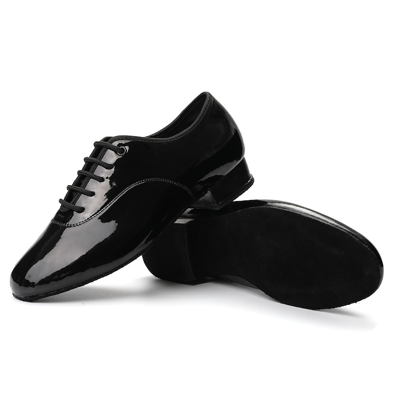 Men's Black Patent Leather Ballroom Dance Shoes – Lace-Up Design with Suede Sole for Smooth Performance