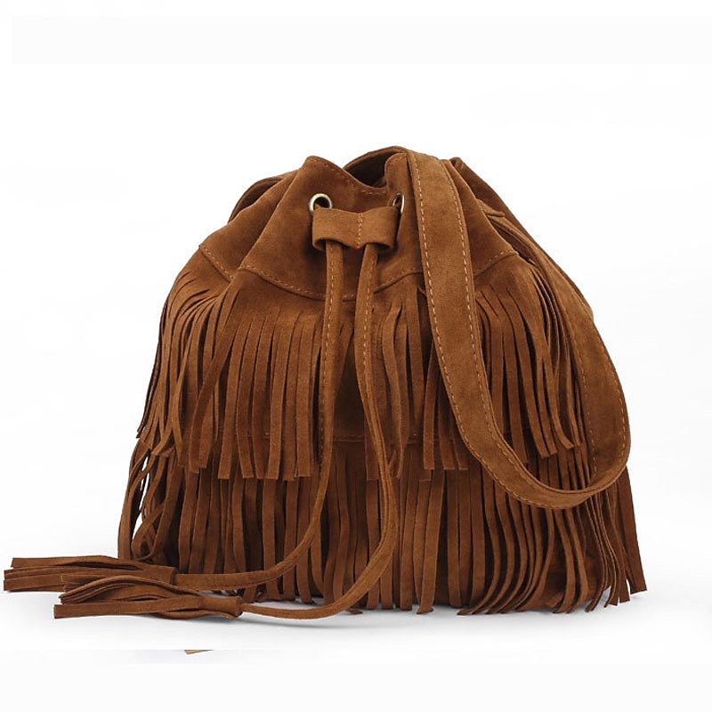 Women's Suede Fringe Bucket Bag – Boho Style Drawstring Crossbody Purse for Music Festivals, Casual Outings, and Weekend Getaways2