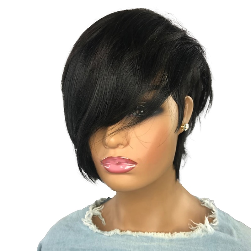 Black Color  Short Human Wigs With Bangs Non Lace Brazilian Hair Pixie Cut Wig For Black Women Machine Made Human Hair Bob Wig