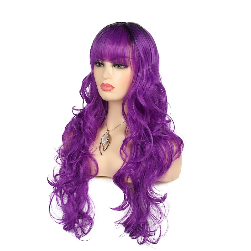 Women's Long Curly Hair Wave Wig Purple Wig With Bangs Synthetic Heat-resistant Hair Full Wig Suitable for Daily Party Cosplay Costumes St.Patrick's Day Wigs4