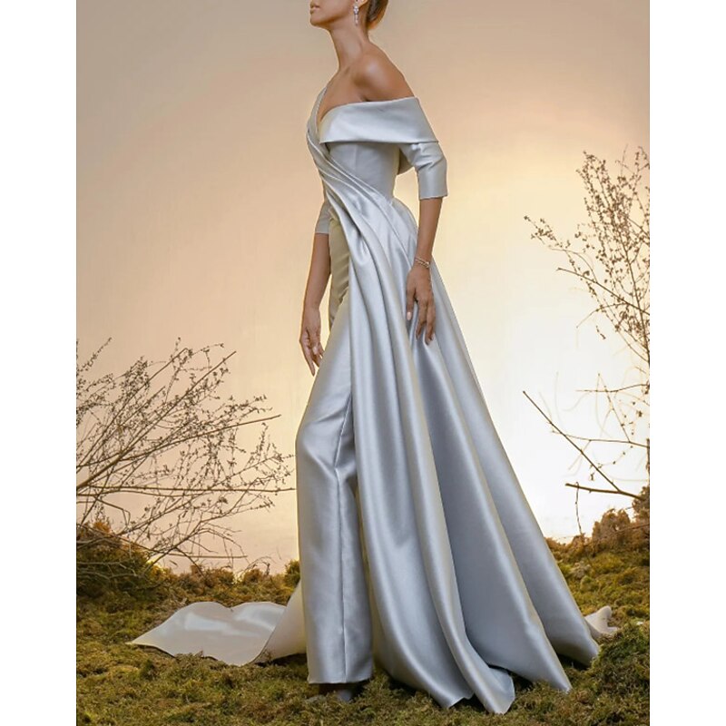 Jumpsuits Elegant Dress Engagement Formal Evening Court Train Half Sleeve Off Shoulder Satin with Pleats Overskirt2