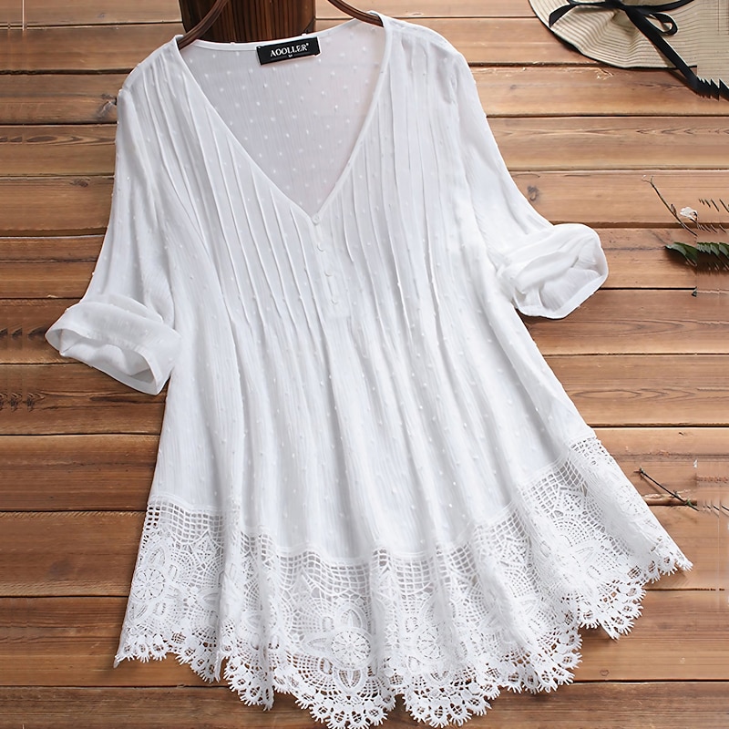 Women's Shirt Lace Shirt Linen-Inspired Shirts Blouse Pure Color Basic Casual 3/4 Length Sleeve V Neck Regular Tops Daily Lace Buttons White Pink Green Dark Blue Summer Spring Fall