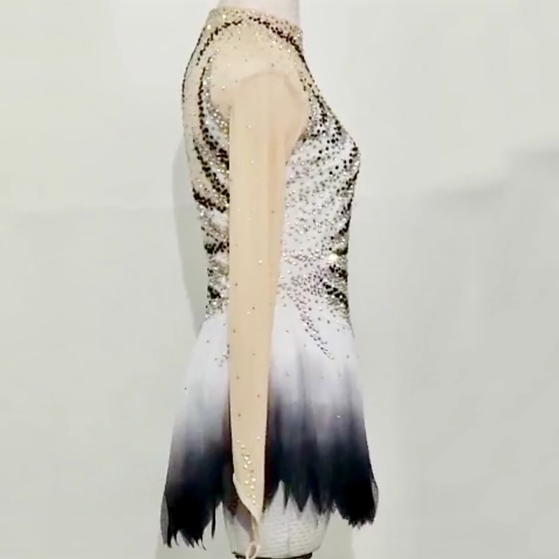 Figure Skating Dress Women's Girls' Ice Skating Dress Outfits Black White Mesh Spandex High Elasticity Competition Skating Wear Handmade Crystal / Rhinestone Long Sleeve Ice Skating Figure Skating4