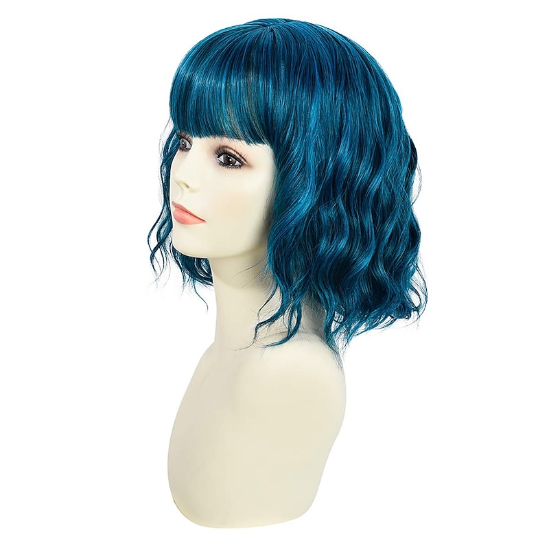 Blue Wigs for Women Wavy Wave Head Wig With Bangs Natural Gradient Purple Wig Synthetic Hair Shoulder Length Short Curly Hair Wig 8inch (about 20cm) Christmas Party Wigs3