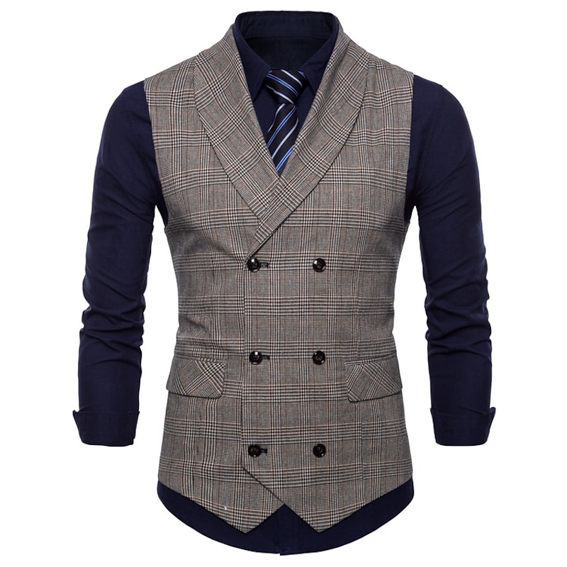Men's Vest Waistcoat Business Wedding Party Active Smart Casual Spring Fall Polyester Plaid Double Breasted Shirt Collar Slim Brown Light Grey Dark Gray Vest2