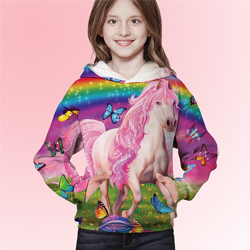 Kids Girls' Hoodie Long Sleeve Pink 3D Print Rainbow Unicorn Animal Pocket Daily Indoor Outdoor Active Fashion Daily Sports 3-12 Years3