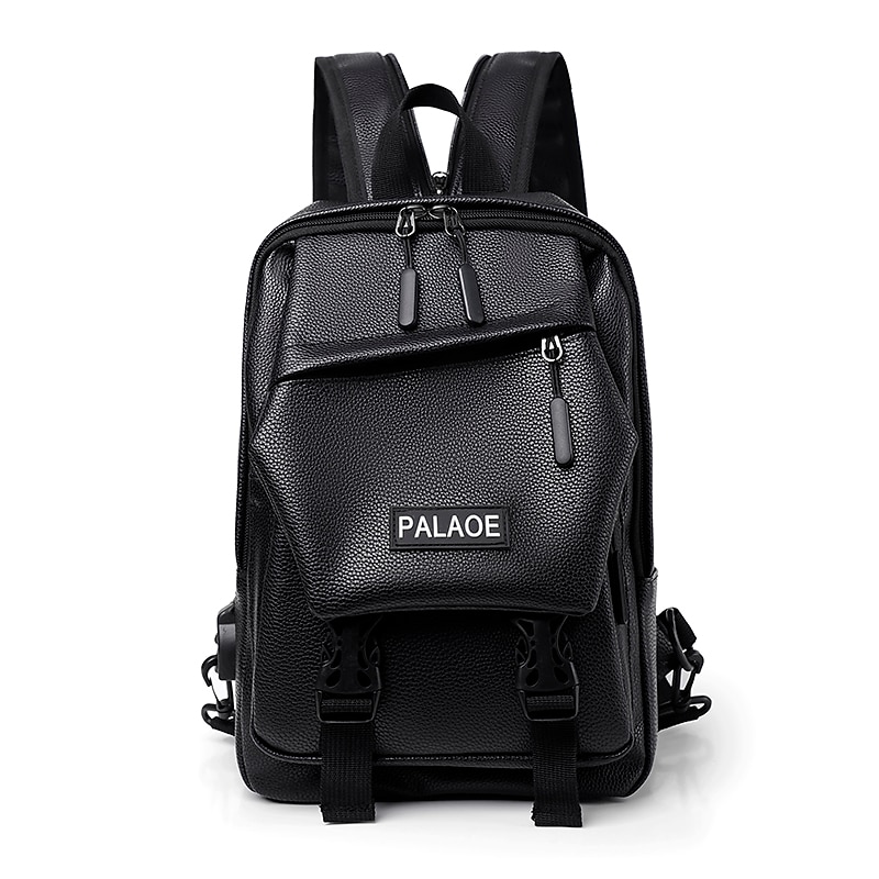 Men's Black Faux Leather Backpack with Buckle Straps and Zipper Pockets – Stylish Anti-Theft Travel and Commuter Bag for Work or Daily Use