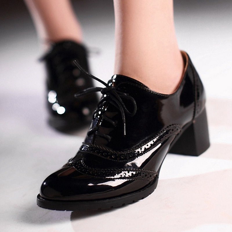 Women's Navy Blue Patent Leather Oxford Shoes – Chunky Heel Brogue Lace-Up Dress Shoes for Office, Vintage Style & Formal Occasions4