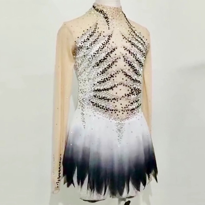 Figure Skating Dress Women's Girls' Ice Skating Dress Outfits Black White Mesh Spandex High Elasticity Competition Skating Wear Handmade Crystal / Rhinestone Long Sleeve Ice Skating Figure Skating2