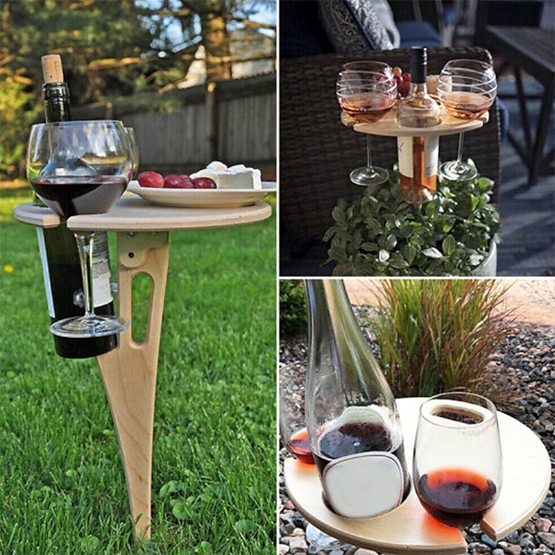 Outdoor Wine Table, Folding Wine Table Stake, Outdoor Wine Picnic Table, Portable Wine Glasses & Bottle Holder, Snack and Cheese Holder Tray for Backyard Camping, Beach, Wood Wine Rack3