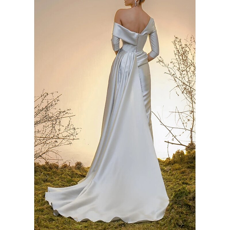 Jumpsuits Elegant Dress Engagement Formal Evening Court Train Half Sleeve Off Shoulder Satin with Pleats Overskirt3