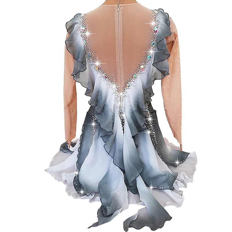 Figure Skating Dress Women's Girls' Ice Skating Dress Outfits Grey Mesh Spandex High Elasticity Competition Skating Wear Handmade Crystal / Rhinestone Long Sleeve Ice Skating Figure Skating2