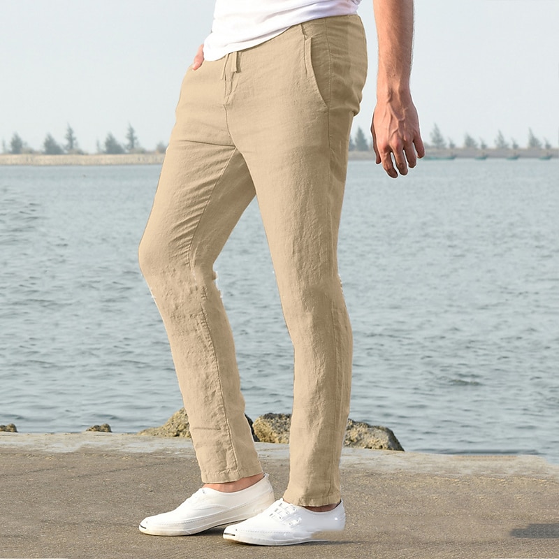 Men's Linen Pants Trousers Summer Pants Beach Pants Casual Pants Drawstring Elastic Waist Plain Lightweight Breathable Full Length Yoga Casual Daily Basic Black White3