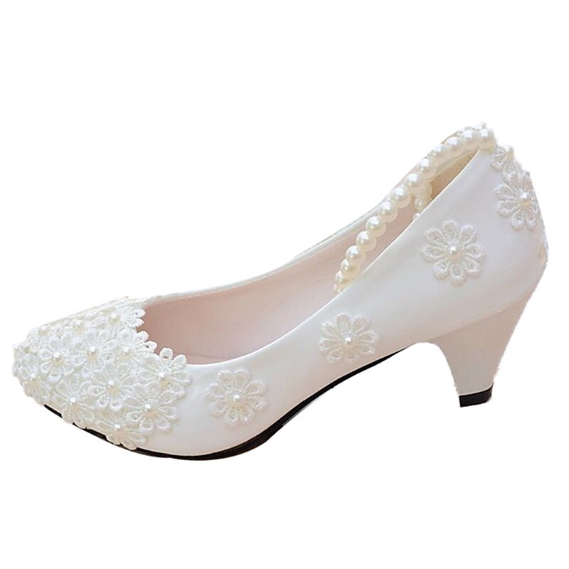 Women's White Wedding Heels – Lace Floral Pearl Decorated Bridal Shoes with Low Heel for Brides3