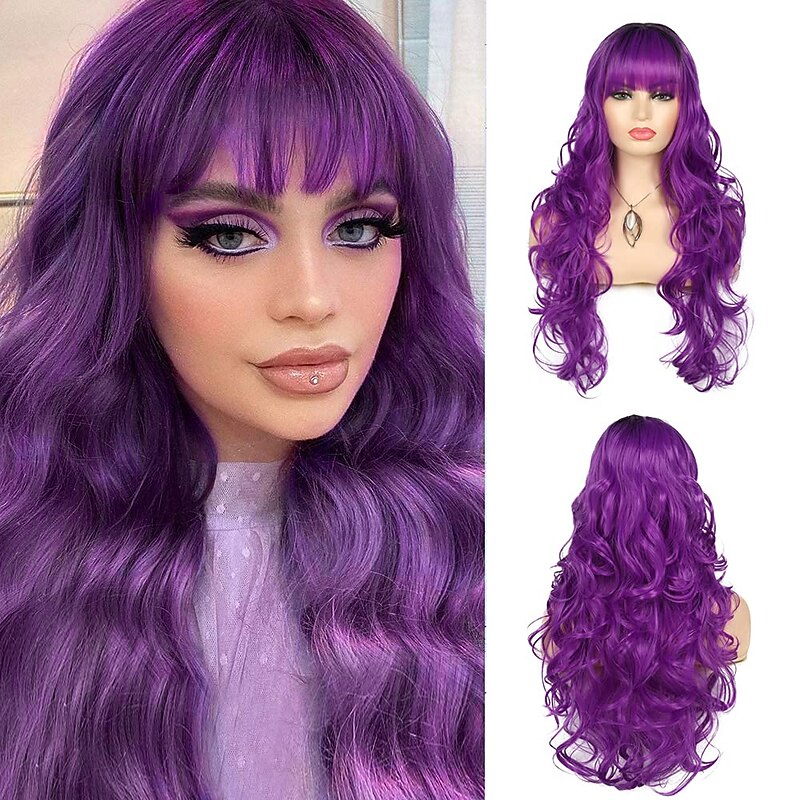 Women's Long Curly Hair Wave Wig Purple Wig With Bangs Synthetic Heat-resistant Hair Full Wig Suitable for Daily Party Cosplay Costumes St.Patrick's Day Wigs2