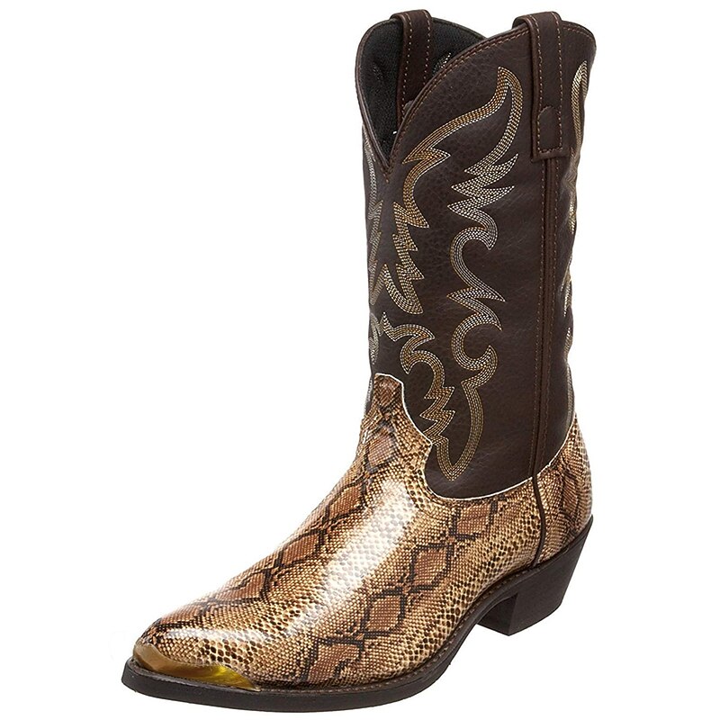 Men's Brown Western Cowboy Boots with Snake Print and Embroidered Design - Stylish and Durable for Outdoor Wear2