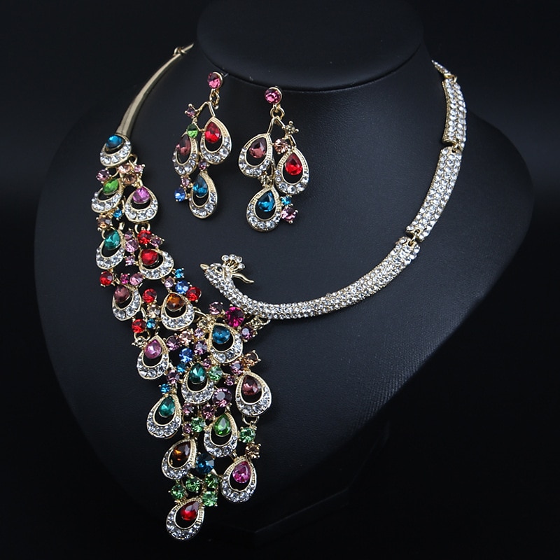 Bridal Jewelry Sets 1 set Crystal Rhinestone Alloy 1 Necklace Earrings Women's Statement Colorful Cute Fancy Peacock irregular Jewelry Set For Party Wedding dress to impress2
