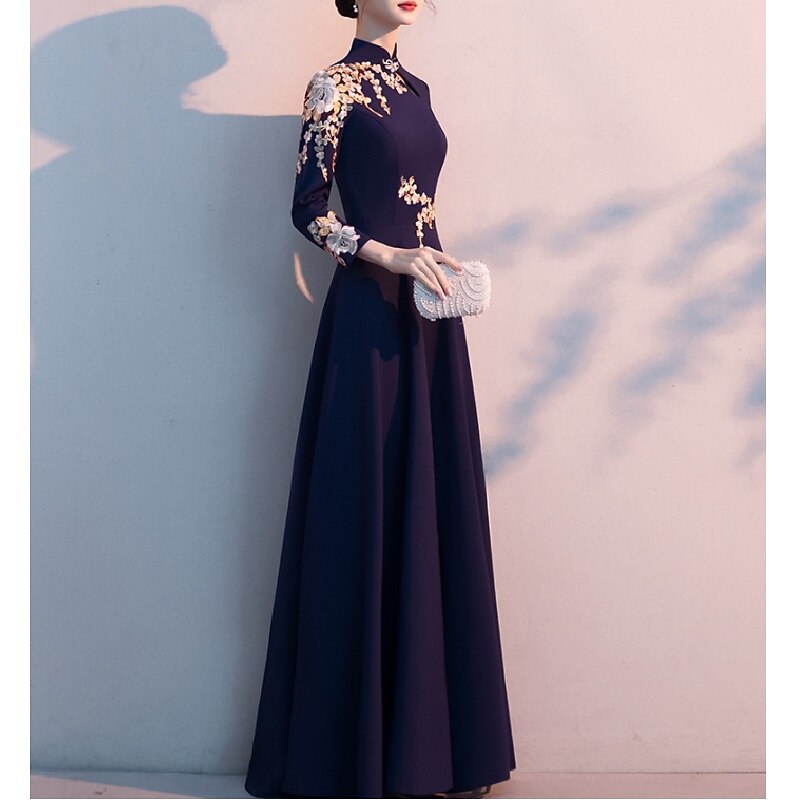 A-Line Mother of the Bride Dress Elegant Simple High Neck Floor Length Stretch Fabric Long Sleeve with Pleats Appliques free custom size4