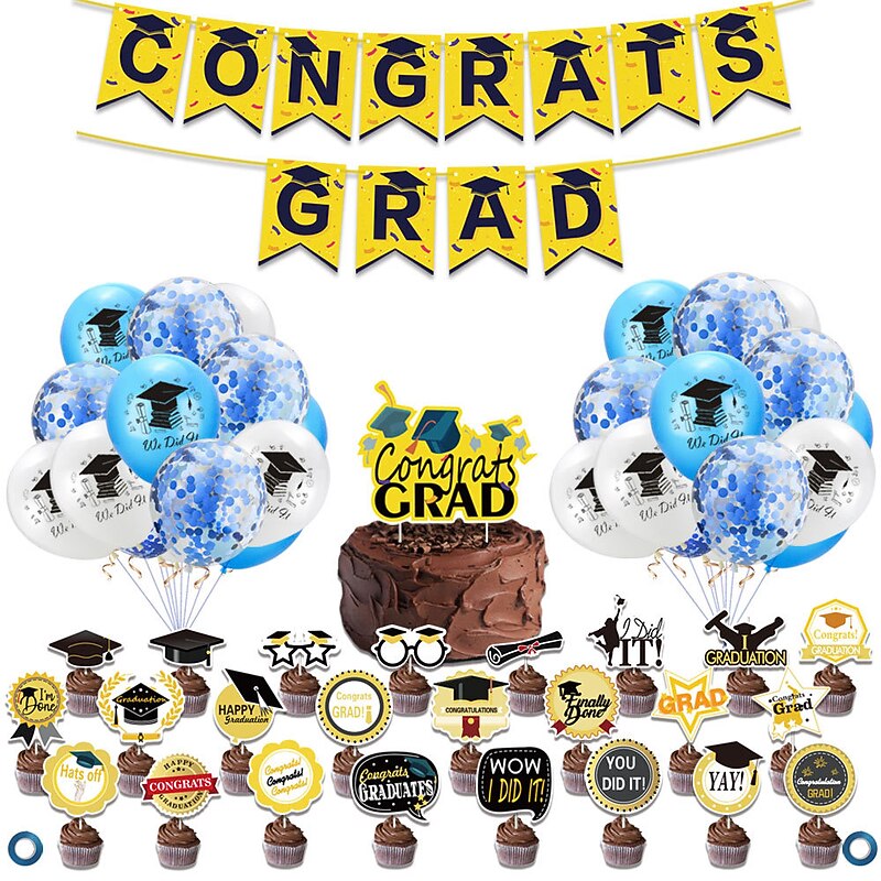 Graduation Party Supplies, Graduation Party Decorations Black and Gold 48pcs, Include Congrats Grad Banner Grad Black Gold Latex Balloons Gold Confetti Balloons Graduate Cake Cupcake Topper2