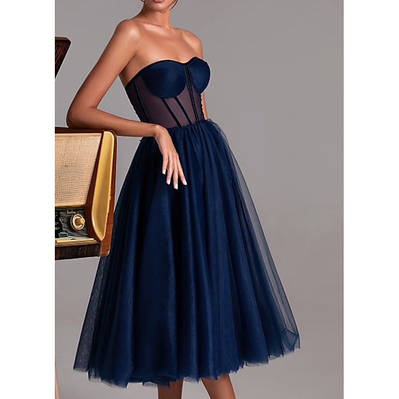 A-Line Cocktail Black Dress Party Dress Cocktail Party Prom Tea Length Sleeveless Sweetheart Fall Wedding Guest Tulle with Pleats dress to impress Dresses