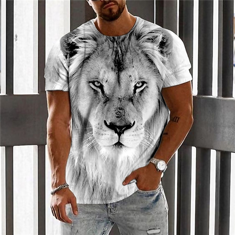 Men's Unisex Lion Graphic Prints T Shirt Short Sleeve T shirt 3D Print Crew Neck Shirt Designer Casual Big and Tall Daily Holiday Gray Summer Clothing Apparel S M L XL XXL 3XL 4XL