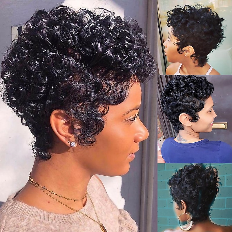 Human Hair Wig Full Machine Made with Bang Loose Curl Pixie Cut For Women 130% Brazilian Hair Capless Human Hair Wig None Lace Wig Black#1B  Daily Wigs