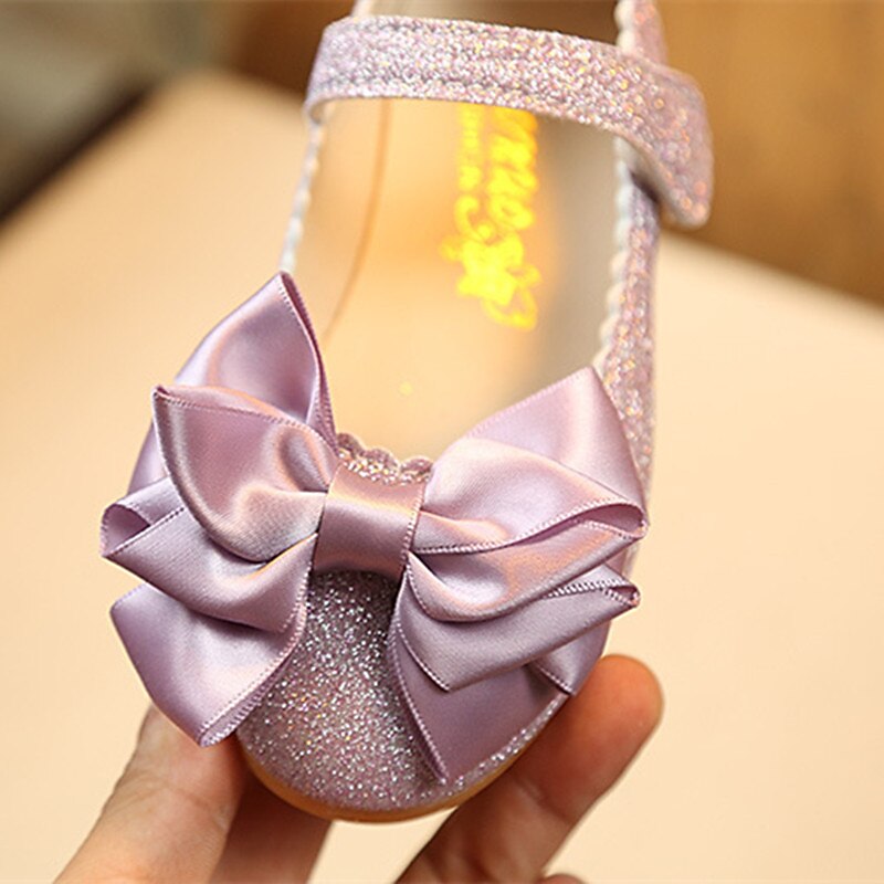 Girls' Glittery Gold Mary Jane Shoes with Satin Bow – Sparkly Dress Shoes for Parties, Weddings, and Special Occasions4