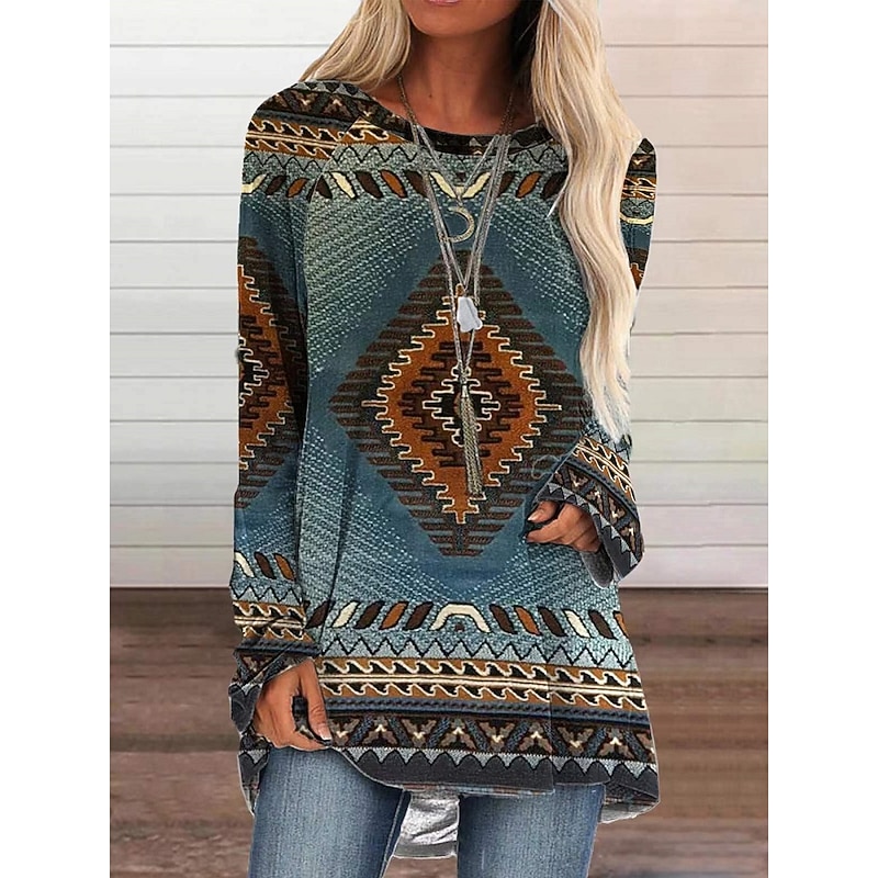 Women's Tunic Boho T-shirt T Shirt Graphic Plaid Color Block Vintage Ethnic Boho Long Sleeve Round Neck Regular Tops Casual Daily Going out Print Light Blue Fall & Winter