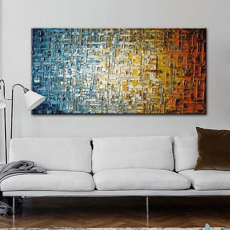 Oil Painting 100% Handmade Hand Painted Wall Art On Canvas Colorful Square Grid Horizontal Abstract Modern Home Decoration Decor Rolled Canvas No Frame Unstretched