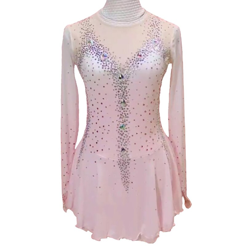 Figure Skating Dress Women's Girls' Ice Skating Dress Outfits Pink Mesh Spandex High Elasticity Competition Skating Wear Handmade Crystal / Rhinestone Long Sleeve Ice Skating Figure Skating / Winter