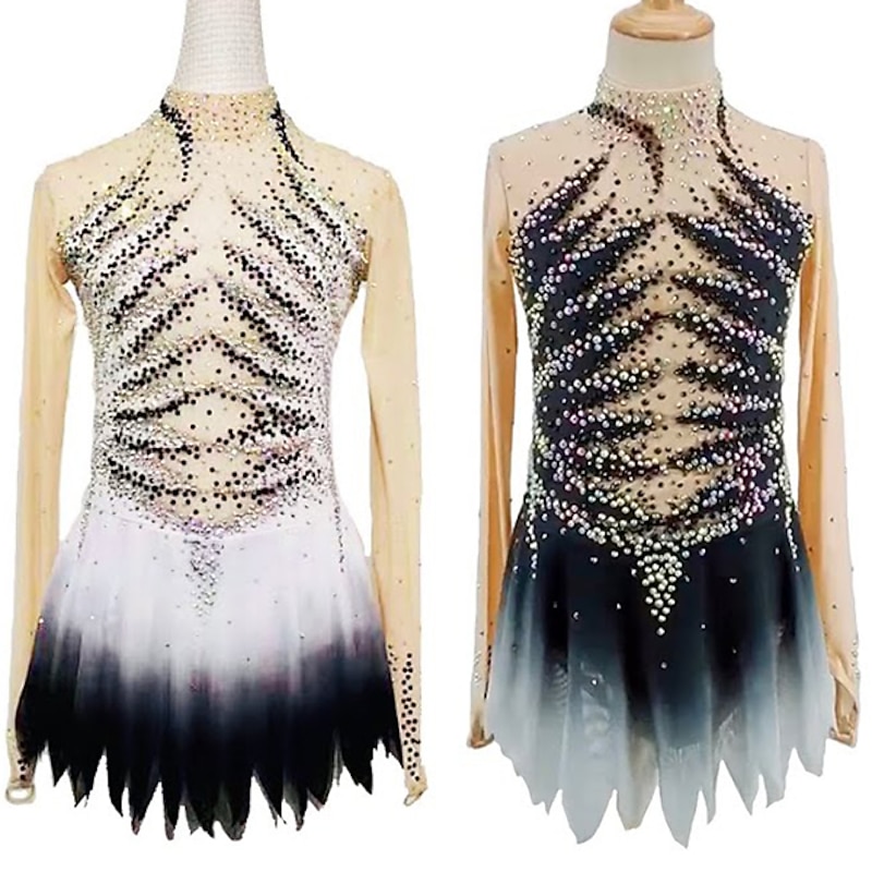 Figure Skating Dress Women's Girls' Ice Skating Dress Outfits Black White Mesh Spandex High Elasticity Competition Skating Wear Handmade Crystal / Rhinestone Long Sleeve Ice Skating Figure Skating