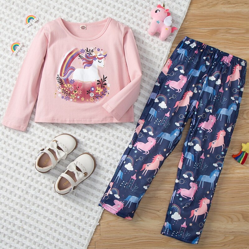 Girls' 3D Animal Unicorn Pajamas Long Sleeve Spring Fall Active Adorable Kids 4-12 Years Indoor Regular Fit