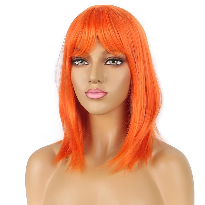 Short Bob Wigs with Bangs Orange Straight Shoulder Length Synthetic Wig for Women Heat Resistant Wig for Party Daily Wear (Orange) Halloween Wigs