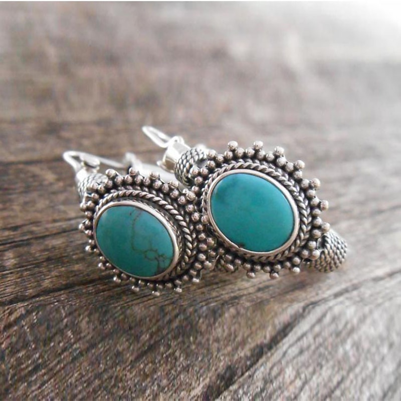 Women's Earrings Vintage Metal Green Stone Hoop Hook Hand Engraved Pattern Turquoise Earrings Set Boho Ethnic Jewelry