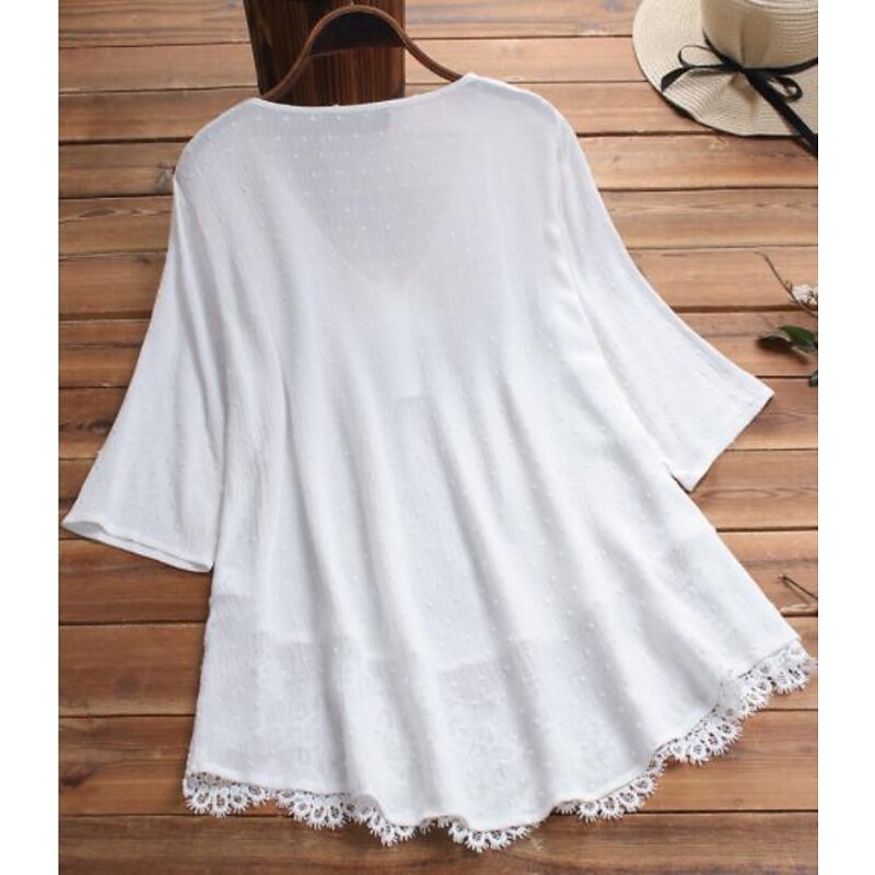Women's Shirt Lace Shirt Linen-Inspired Shirts Blouse Pure Color Basic Casual 3/4 Length Sleeve V Neck Regular Tops Daily Lace Buttons White Pink Green Dark Blue Summer Spring Fall2