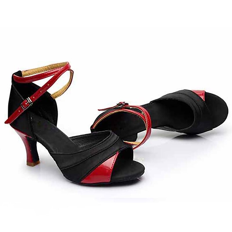 Women's Black Red Latin Dance Shoes, Peep - Toe High - Heel Dance Sandals with Ankle Strap for Stylish Performances3