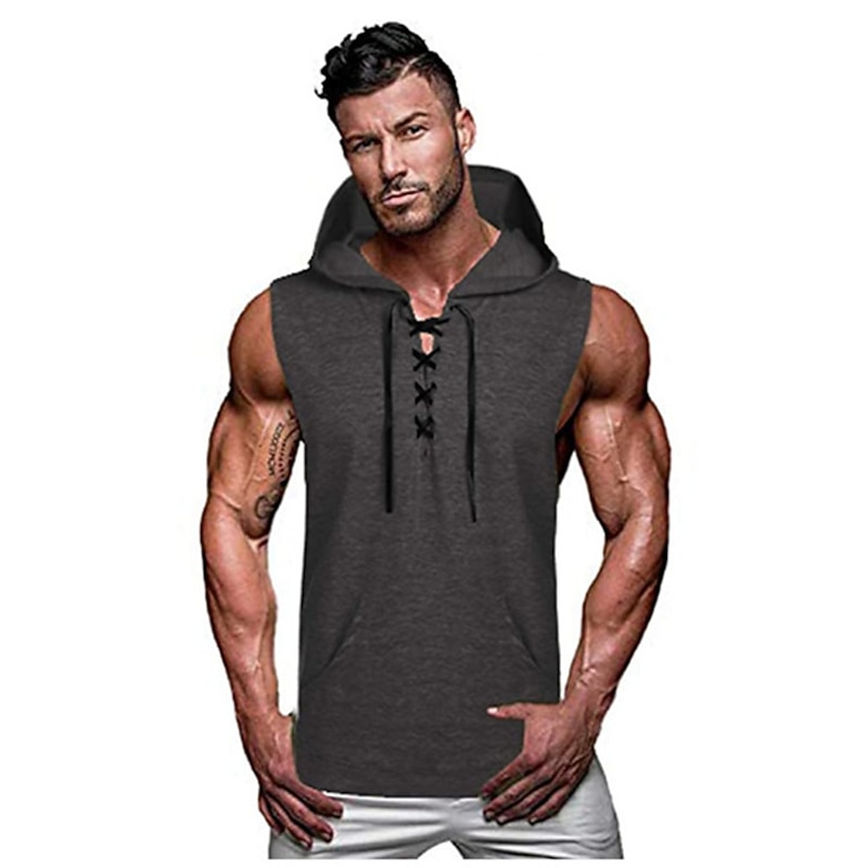 Men's Tank Top Vest Top Undershirt Gym Muscle Tee Sleeveless Hooded Summer Plain Vintage Designer Muscle Drawstring Outdoor Going out Gym Green Gray Top Tee for Men3