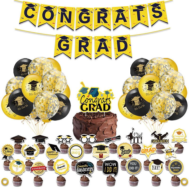 Graduation Party Supplies, Graduation Party Decorations Black and Gold 48pcs, Include Congrats Grad Banner Grad Black Gold Latex Balloons Gold Confetti Balloons Graduate Cake Cupcake Topper4