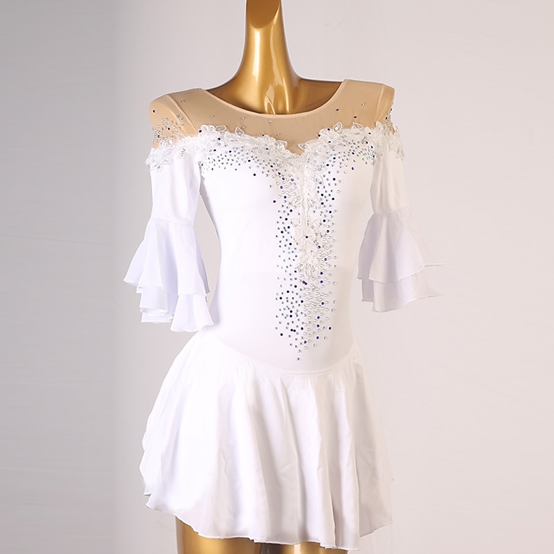 Figure Skating Dress Ruffles Crystals / Rhinestones Women's Girls' Training Performance Half Sleeve High Mesh Spandex2