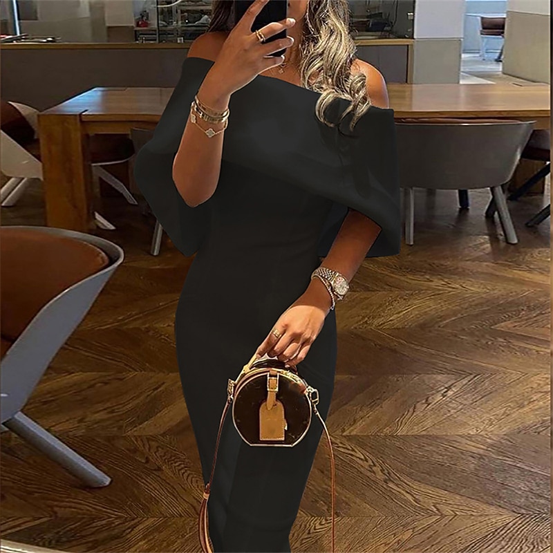 Sheath Prom Dresses Elegant Dress Wedding Guest Graduation Tea Length Half Sleeve Off Shoulder Stretch Fabric with Sleek Pure Color Dresses4