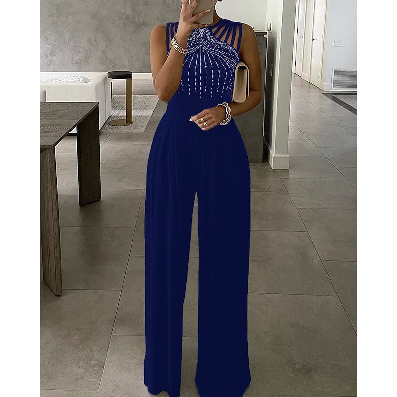 Women's Normal Jumpsuit Elegant Solid Color Sleeveless Wide Leg Crew Neck Beaded Wedding Party Regular Fit Black Wine Blue Summer3