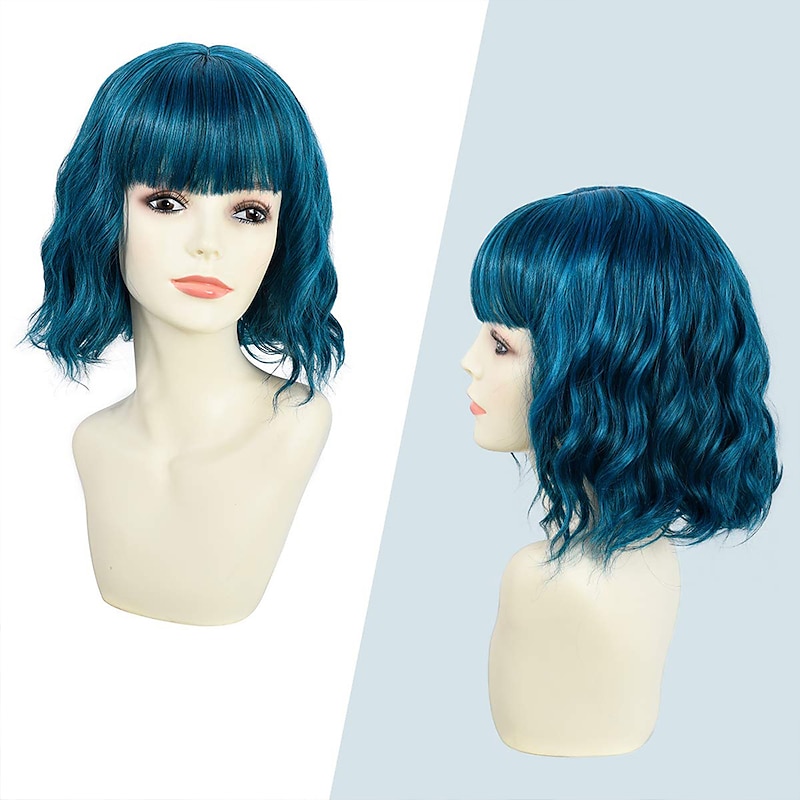 Blue Wigs for Women Wavy Wave Head Wig With Bangs Natural Gradient Purple Wig Synthetic Hair Shoulder Length Short Curly Hair Wig 8inch (about 20cm) Christmas Party Wigs2