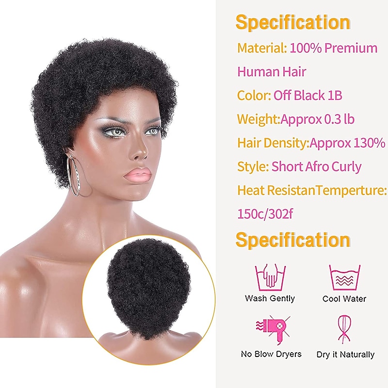 100% Human Hair Short Black Afro Kinky Curly Wigs for Women 130% Natural Color Full Machine Made Hair Human Hair Capless Wigs None Lace Wigs 4 Inch3