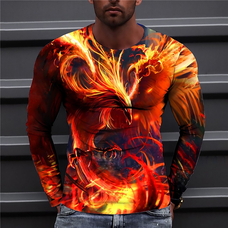 Men's Graphic Prints Phoenix T Shirt Long Sleeve T shirt 3D Print Crew Neck Shirt Designer Casual Big and Tall Daily Holiday White Light Green Red Spring &  Fall Clothing Apparel S M L XL XXL 3XL 4XL