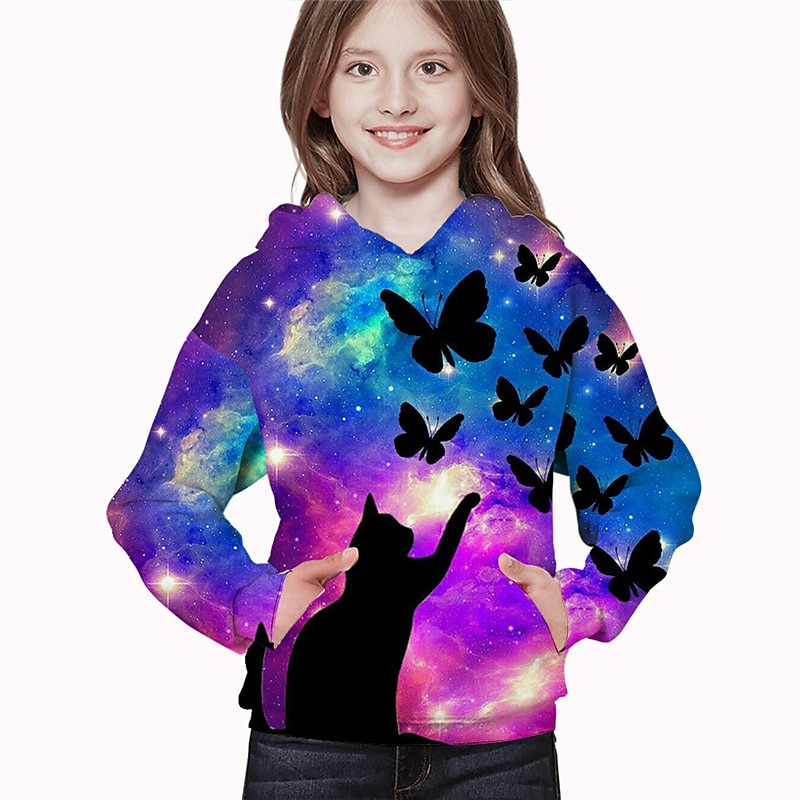 Girls' 3D Animal Cat Butterfly Hoodie Long Sleeve 3D Print Spring Fall Winter Active Sports Fashion Kids 3-12 Years Outdoor Daily Indoor Regular Fit2