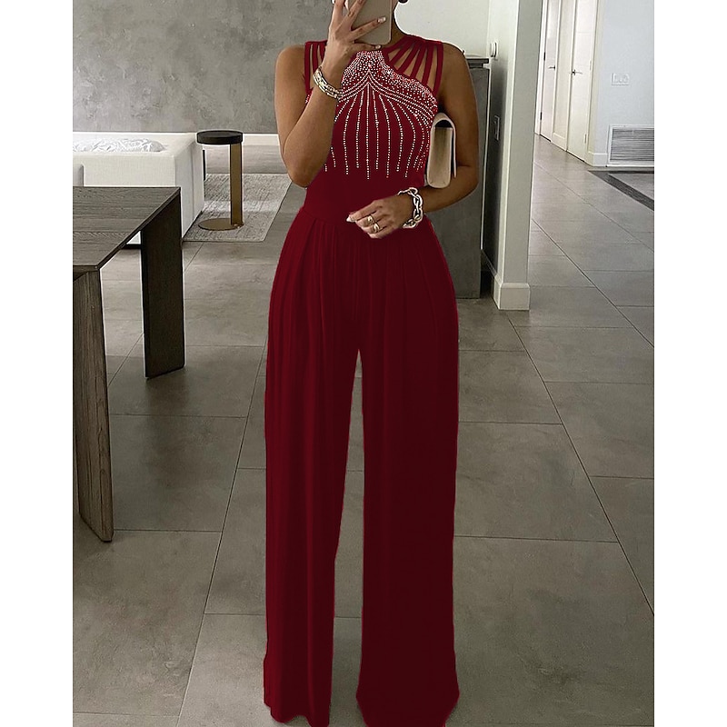 Women's Normal Jumpsuit Elegant Solid Color Sleeveless Wide Leg Crew Neck Beaded Wedding Party Regular Fit Black Wine Blue Summer2