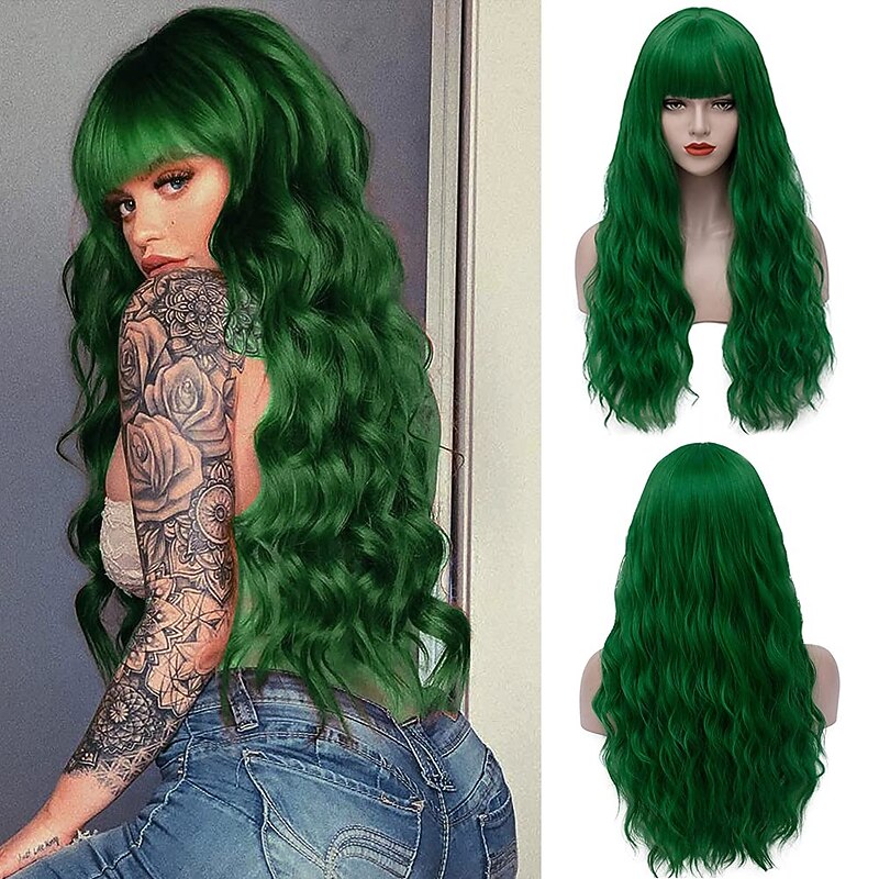 Women's Long Curly Hair Wave Wig Purple Wig With Bangs Synthetic Heat-resistant Hair Full Wig Suitable for Daily Party Cosplay Costumes St.Patrick's Day Wigs