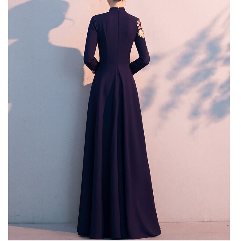 A-Line Mother of the Bride Dress Elegant Simple High Neck Floor Length Stretch Fabric Long Sleeve with Pleats Appliques free custom size3