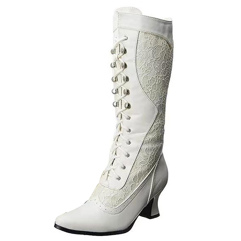 White Women's Victorian-Style Lace-Up Boots with Lace Details and Mid Heels for Elegant and Vintage Wear4