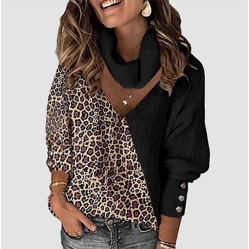 Women's Pullover Sweater Jumper Stylish Casual Leopard Color Block Maillard Ribbed Turtleneck V Neck Buttons Thin Hole Drop Shoulder Long Sleeve Knit Daily Going out White Khaki Fall Winter3